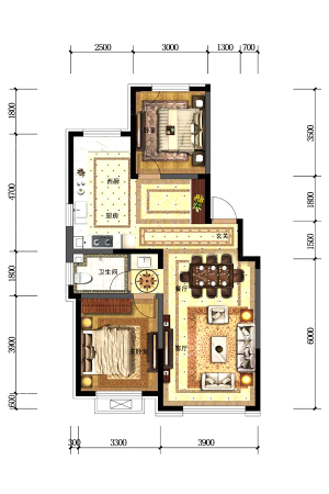 金色橄榄城三期三期D3户型图-2室2厅1卫1厨建筑面积105.86平米