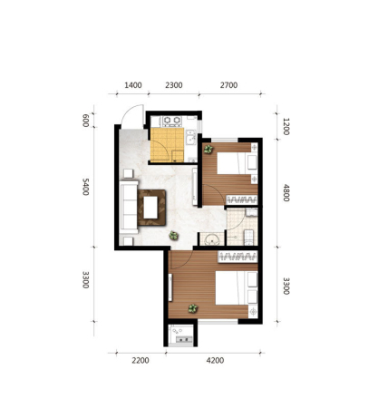 瑞家景峰B1户型-2室1厅1卫1厨建筑面积62.34平米