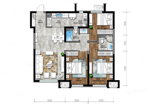 保利大都会二期D户型-3室2厅2卫1厨建筑面积122.00平米
