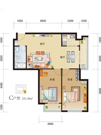 尚峰汇标准层C户型-2室2厅1卫1厨建筑面积101.80平米