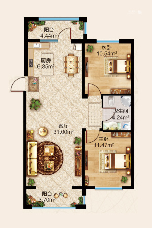 哈西骏赫城洋房C2户型-2室2厅1卫1厨建筑面积96.28平米
