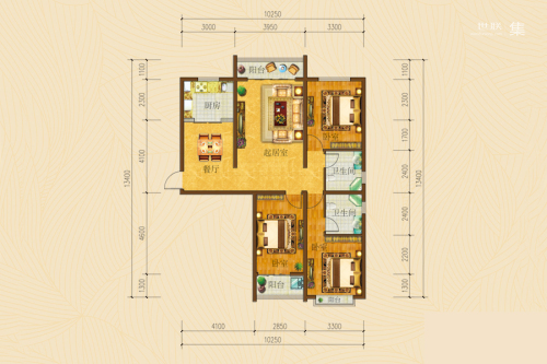 天伦锦城三期标准层D户型-3室2厅2卫1厨建筑面积129.74平米