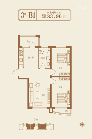 龙跃·金水湾3栋B1户型-2室2厅1卫1厨建筑面积83.96平米