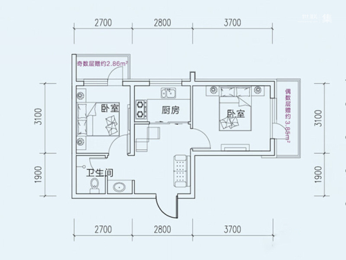 海伦堡A座F户型-A座F户型-2室1厅1卫1厨建筑面积50.00平米