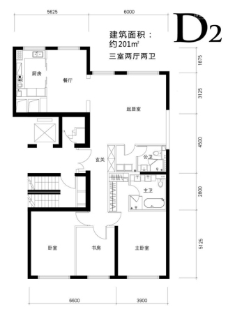 广渠金茂府D2户型(售完)-3室2厅2卫1厨建筑面积201.00平米