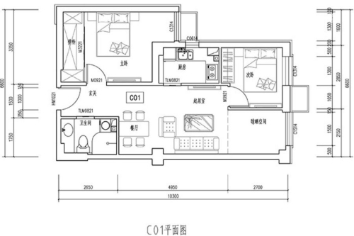 首开保利锦都家园C01户型-2室2厅1卫1厨建筑面积80.00平米
