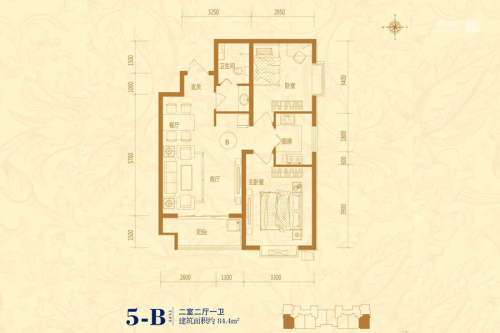 良城国际三期5#标准层B户型-2室2厅1卫1厨建筑面积84.40平米