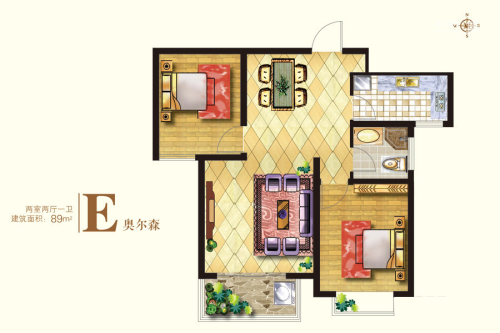 枫林水岸1#标准层E户型-2室2厅1卫1厨建筑面积89.00平米