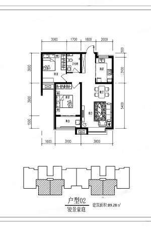 骏景豪庭2#标准层02户型-2室2厅1卫1厨建筑面积89.28平米
