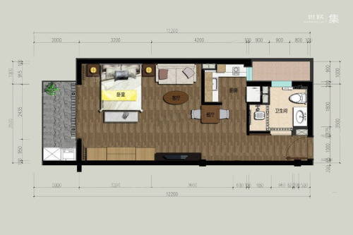 富椿佘山公寓-B户型-1室1厅1卫1厨建筑面积55.00平米