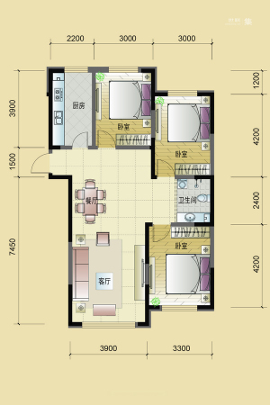 东逸美郡二期I户型-3室2厅1卫1厨建筑面积122.66平米