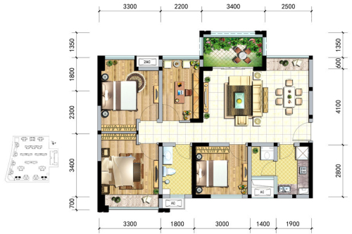 绿岛筑1、13号楼E1户型标准层-4室2厅1卫1厨建筑面积96.34平米