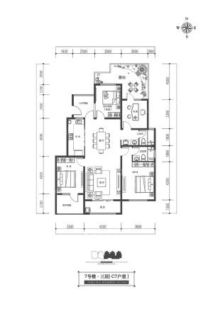 御河上院7#-3层-C7户型-标准层-3室2厅2卫1厨建筑面积142.84平米
