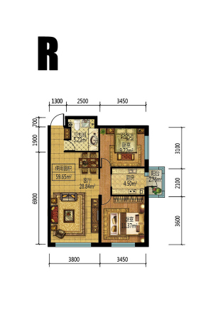 梧桐郡R户型-2室1厅1卫1厨建筑面积75.55平米