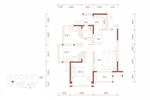 海伦印象一期1号楼C2户型-3室2厅1卫1厨建筑面积89.00平米