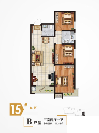 永邦天汇15#B户型-3室2厅1卫1厨建筑面积113.50平米