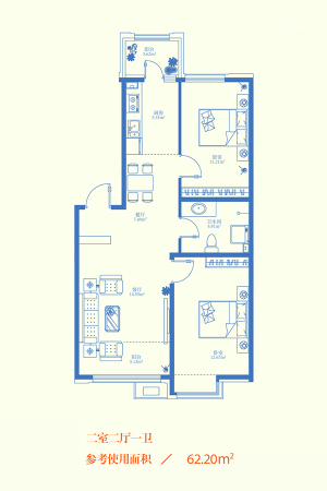 金色城邦一期4、5、10、11#户型-2室2厅1卫1厨建筑面积88.00平米