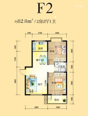 八水御源1-3号楼F2户型-2室2厅1卫1厨建筑面积82.80平米