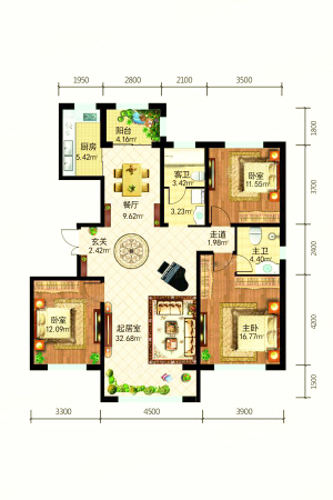 东方新天地三期G户型-3室2厅2卫1厨建筑面积150.00平米