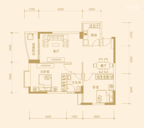 富丽华海御一期2#C户型-2室2厅1卫1厨建筑面积97.30平米