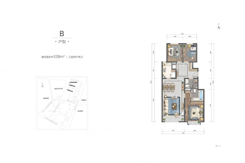 华润·未来城市B户型-3室2厅2卫1厨建筑面积128.00平米