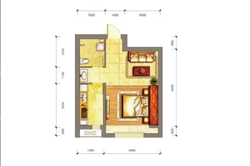 阳光100国际新城三期凤凰湾B2户型-1室1厅1卫1厨建筑面积50.00平米