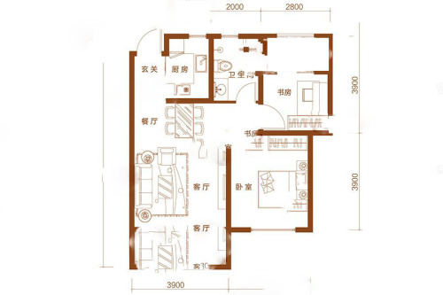 亿博隆河谷C1户型-2室2厅1卫1厨建筑面积79.45平米