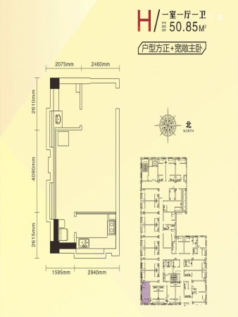 白马公馆H户型50.85平-1室1厅1卫1厨建筑面积50.85平米