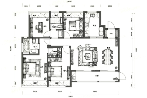 中南樾府平层128方户型-4室2厅2卫1厨建筑面积128.00平米