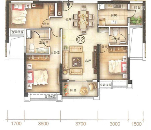 雅居乐剑桥郡城家16幢02户型-3室2厅2卫1厨建筑面积114.00平米