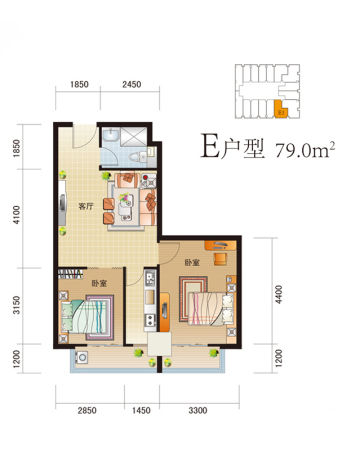 尚峰汇标准层E户型-2室1厅1卫1厨建筑面积79.00平米