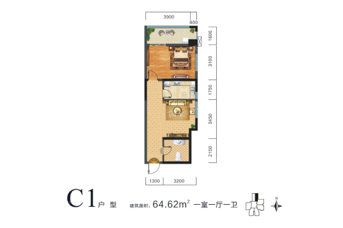 晶鑫华庭C1户型-1室1厅1卫1厨建筑面积64.62平米