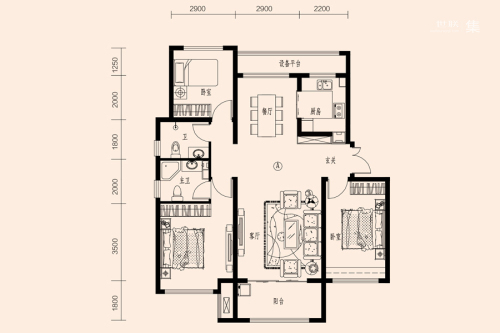 鸿昇广场燕园5#-7#标准层A户型-3室2厅2卫1厨建筑面积122.57平米