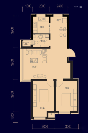 鑫丰·雍景豪城二期高层E户型-2室2厅1卫1厨建筑面积87.00平米