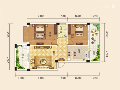 金域华府三期5#E3户型-2室1厅1卫1厨建筑面积82.52平米