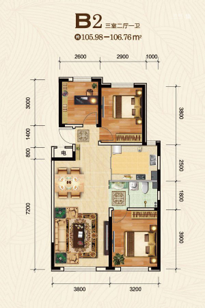 万龙台北明珠三期B2户型图-3室2厅1卫1厨建筑面积105.98平米