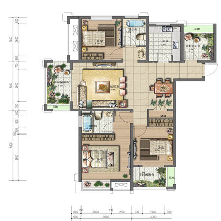 亚泰梧桐世家一期1-15号楼标准层E户型-3室2厅2卫1厨建筑面积126.00平米