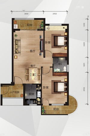 中南明珠B4户型-2室2厅1卫1厨建筑面积84.45平米