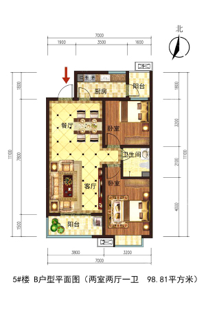 丽阳小区5#7#B户型-2室2厅1卫1厨建筑面积98.81平米