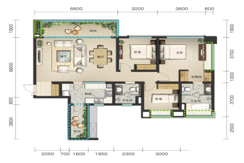 麓岭汇3、5、8栋标准层C1-3户型-3室2厅2卫1厨建筑面积143.00平米