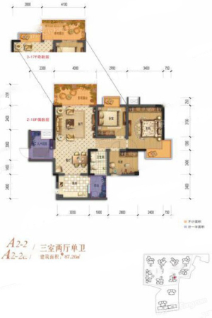 棠湖清江花语一期A2-2、A2-2a户型标准层-3室2厅1卫1厨建筑面积87.26平米