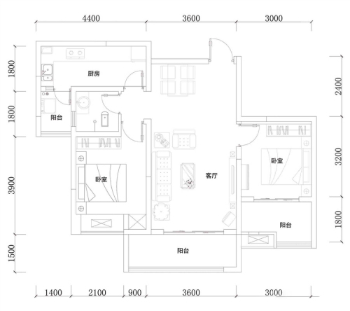 同创芳华美地一期4栋标准层D户型-2室2厅1卫1厨建筑面积81.00平米