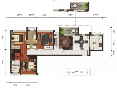 乐古浪成都一期1、8号楼标准层C户型-3室2厅1卫1厨建筑面积115.00平米