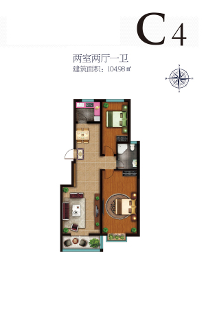 京海铭筑5#标准层C4户型-2室2厅1卫1厨建筑面积104.98平米
