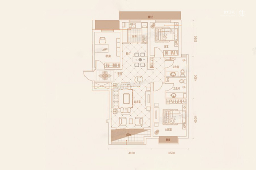 鹿城一号9#标准层C户型-3室2厅2卫1厨建筑面积118.61平米