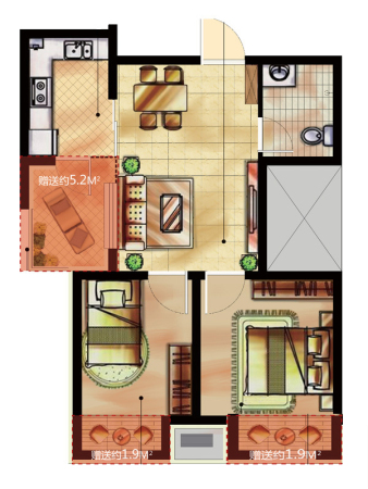 瑞家·坚果B户型-2室2厅1卫1厨建筑面积59.83平米