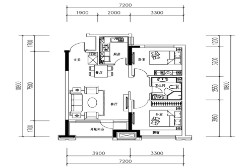 东方银座·莱茵城B户型-2室2厅1卫1厨建筑面积85.49平米