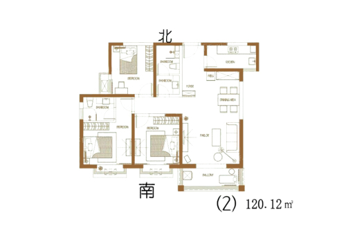 丽苑山水120平户型图-3室2厅2卫1厨建筑面积120.12平米