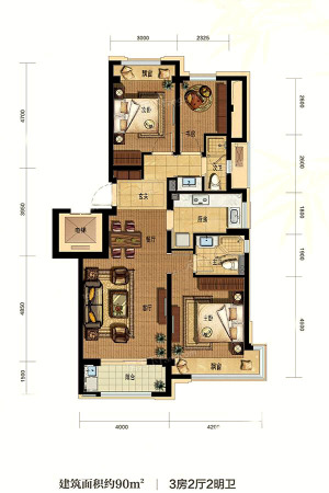 万科溪望90方洋房-3室2厅2卫1厨建筑面积90.00平米