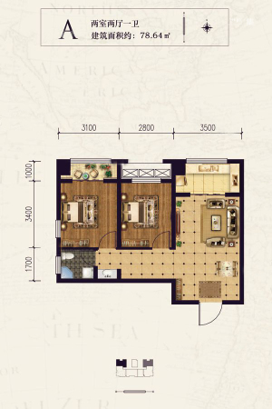 硕辉蓝堡湾A户型-2室1厅1卫1厨建筑面积78.64平米
